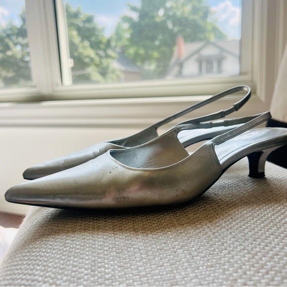 Zara | Silver Chrome Leather Slingback Shoes - Picture 5 of 13